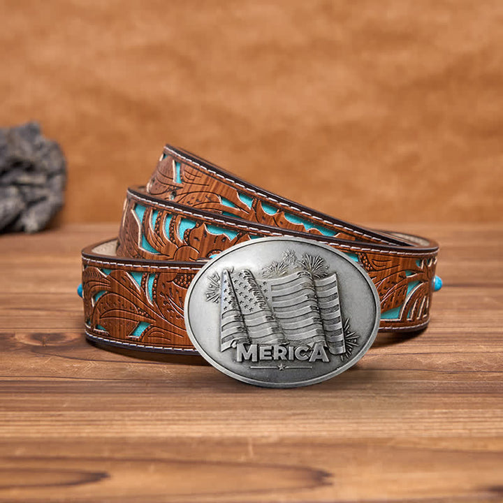 Men's DIY Merica Pride Flag Creative Beer Holder Buckle Leather Belt - Antique Silver - Turquoise Carved Belt - 42 - image 9