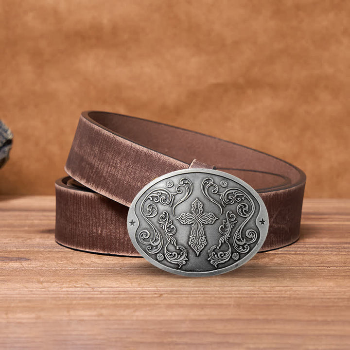 Men's DIY Cross Carving Creative Beer Holder Buckle Leather Belt - Antique Silver - Brown Distressed Belt - 42 - image 11