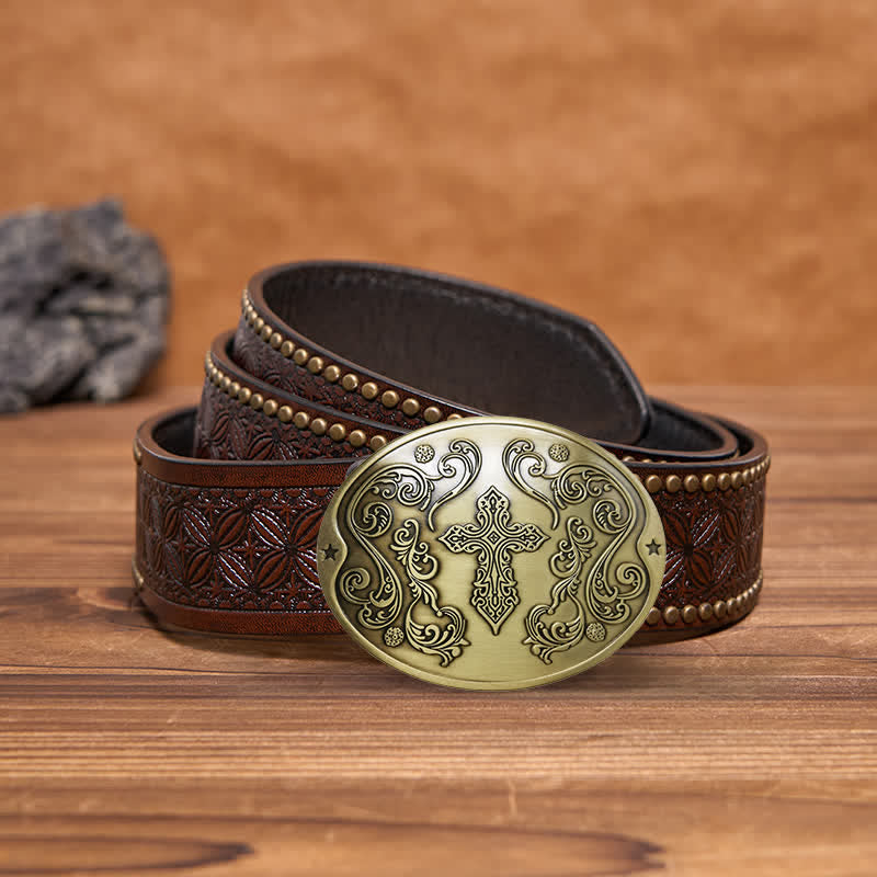 Men's DIY Cross Carving Creative Beer Holder Buckle Leather Belt - Antique Bronze - Brown Rivet Belt - 42 - image 16