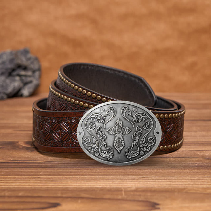 Men's DIY Cross Carving Creative Beer Holder Buckle Leather Belt - Antique Silver - Brown Rivet Belt - 42 - image 10