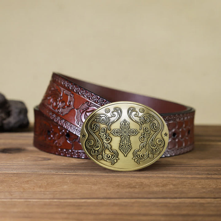 Men's DIY Cross Carving Creative Beer Holder Buckle Leather Belt - Antique Bronze - Brown Carved Belt - 42 - image 18