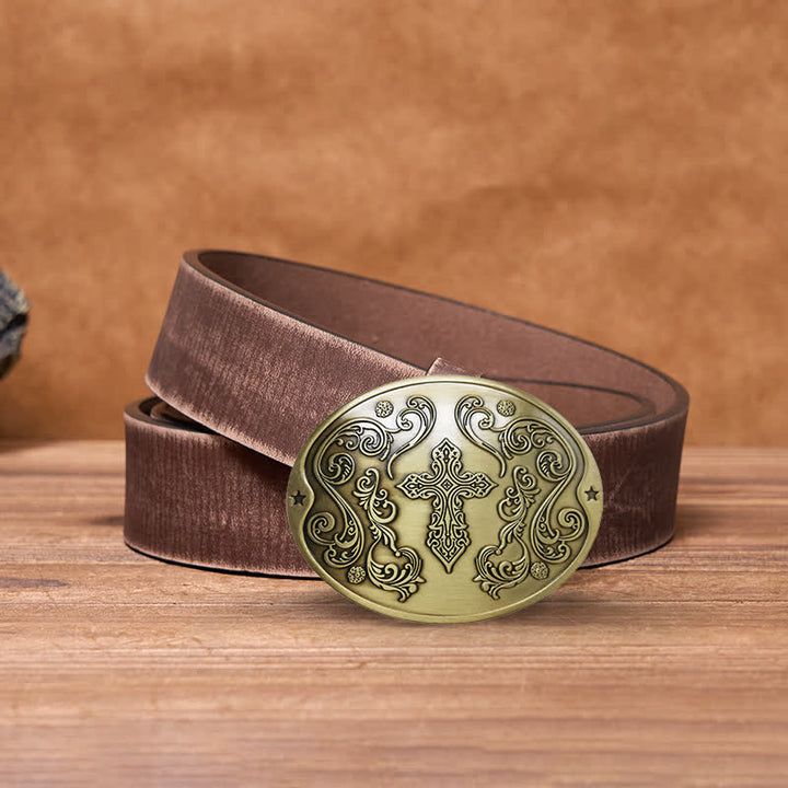 Men's DIY Cross Carving Creative Beer Holder Buckle Leather Belt - Antique Bronze - Brown Distressed Belt - 42 - image 17