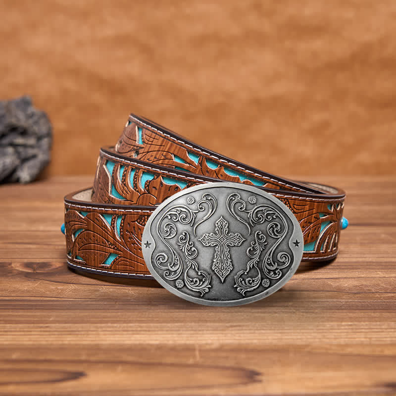 Men's DIY Cross Carving Creative Beer Holder Buckle Leather Belt - Antique Silver - Turquoise Carved Belt - 42 - image 9