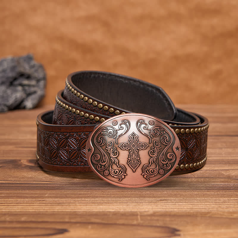 Men's DIY Cross Carving Creative Beer Holder Buckle Leather Belt - Antique Copper - Brown Rivet Belt - 42 - image 22
