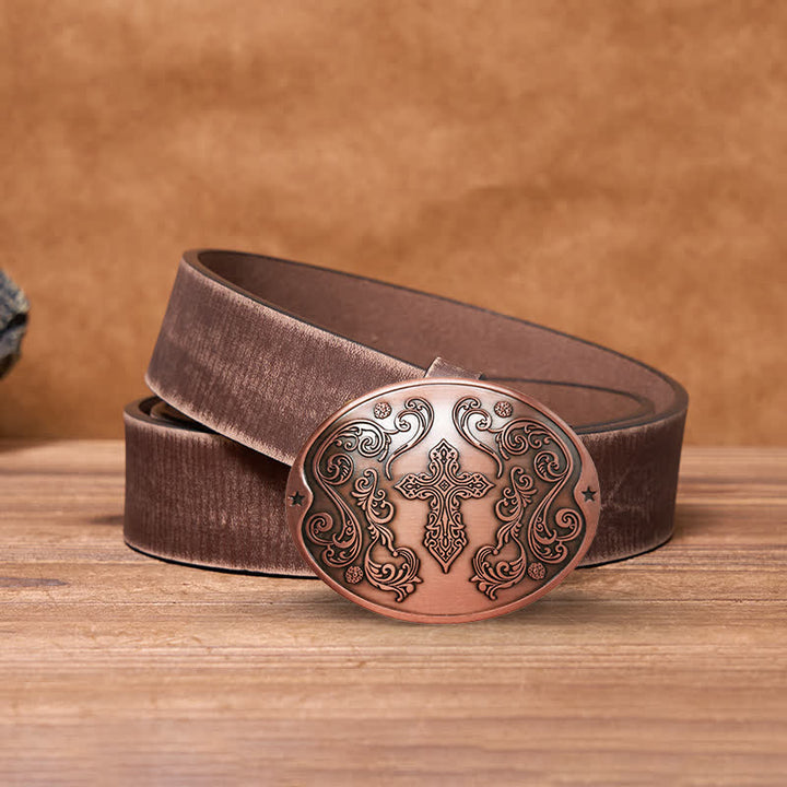 Men's DIY Cross Carving Creative Beer Holder Buckle Leather Belt - Antique Copper - Brown Distressed Belt - 42 - image 23