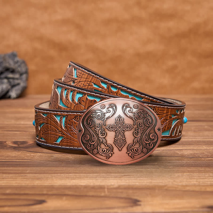 Men's DIY Cross Carving Creative Beer Holder Buckle Leather Belt - Antique Copper - Turquoise Carved Belt - 42 - image 21