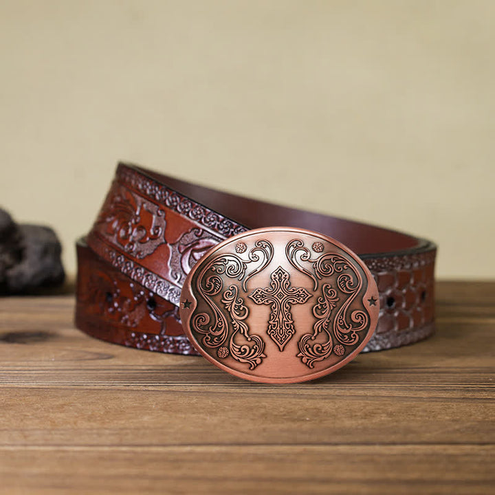 Men's DIY Cross Carving Creative Beer Holder Buckle Leather Belt - Antique Copper - Brown Carved Belt - 42 - image 24