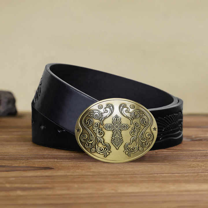 Men's DIY Cross Carving Creative Beer Holder Buckle Leather Belt - Antique Bronze - Black Embossed Eagle Belt - 42 - image 14
