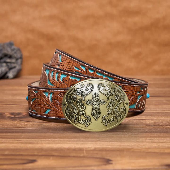 Men's DIY Cross Carving Creative Beer Holder Buckle Leather Belt - Antique Bronze - Turquoise Carved Belt - 42 - image 15