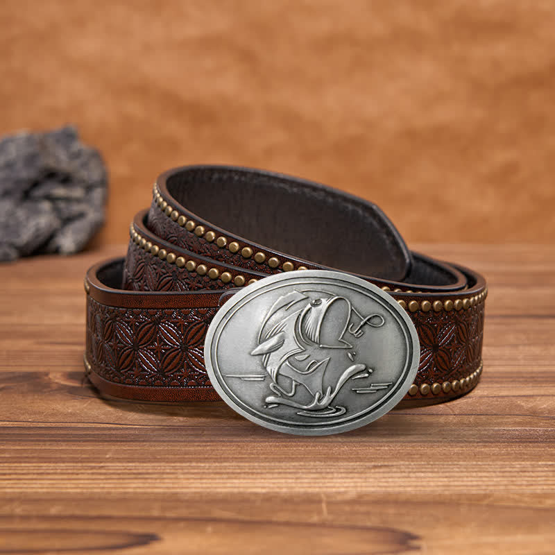 Men's DIY Gone Fishing Creative Beer Holder Buckle Leather Belt - Antique Silver - Brown Rivet Belt - 42 - image 10