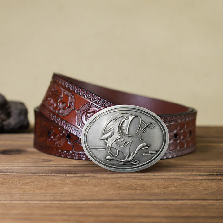 Men's DIY Gone Fishing Creative Beer Holder Buckle Leather Belt - Antique Silver - Brown Carved Belt - 42 - image 12