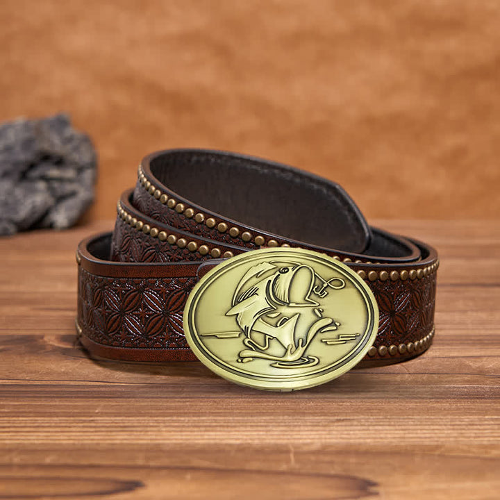 Men's DIY Gone Fishing Creative Beer Holder Buckle Leather Belt - Antique Bronze - Brown Rivet Belt - 42 - image 16
