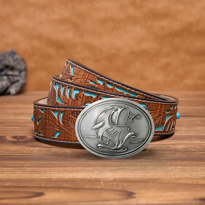 Men's DIY Gone Fishing Creative Beer Holder Buckle Leather Belt - Antique Silver - Turquoise Carved Belt - 42 - image 9