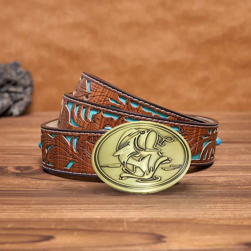 Men's DIY Gone Fishing Creative Beer Holder Buckle Leather Belt - Antique Bronze - Turquoise Carved Belt - 42 - image 15