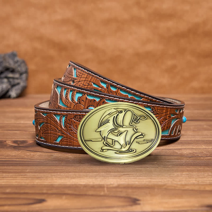 Men's DIY Gone Fishing Creative Beer Holder Buckle Leather Belt - Antique Bronze - Turquoise Carved Belt - 42 - image 15