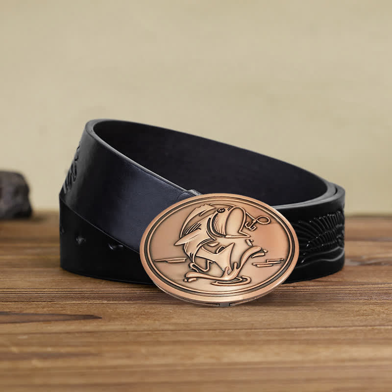 Men's DIY Gone Fishing Creative Beer Holder Buckle Leather Belt - Antique Copper - Black Embossed Eagle Belt - 42 - image 20
