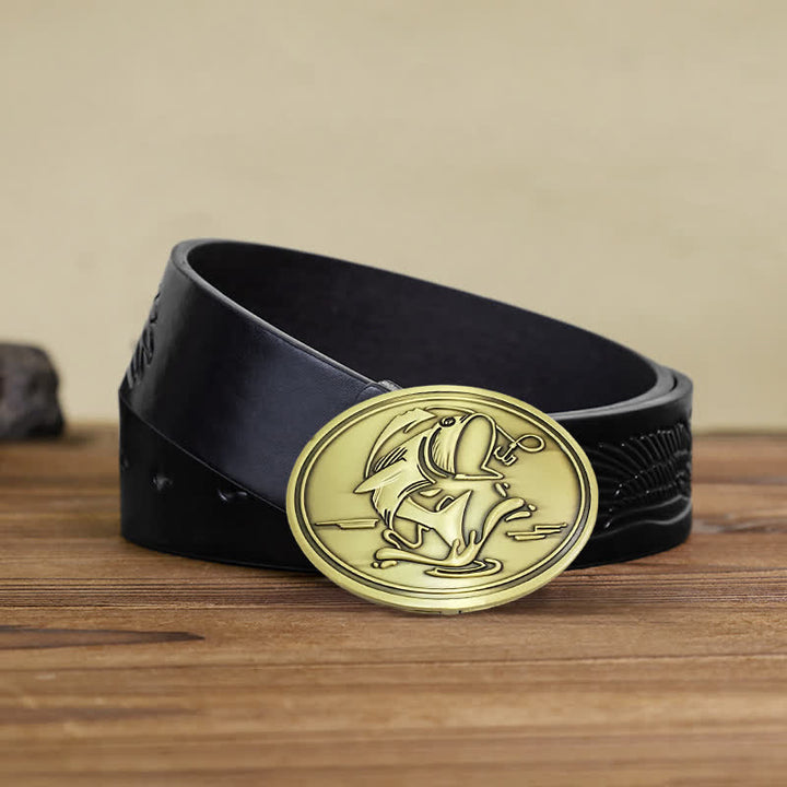 Men's DIY Gone Fishing Creative Beer Holder Buckle Leather Belt - Antique Bronze - Black Embossed Eagle Belt - 42 - image 14