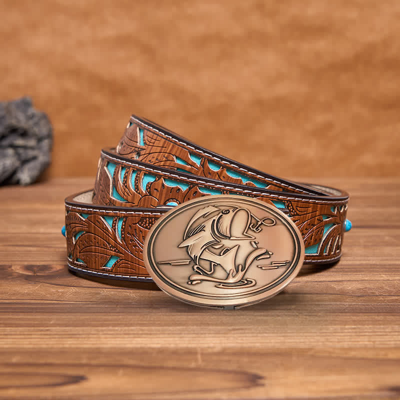 Men's DIY Gone Fishing Creative Beer Holder Buckle Leather Belt - Antique Copper - Turquoise Carved Belt - 42 - image 21