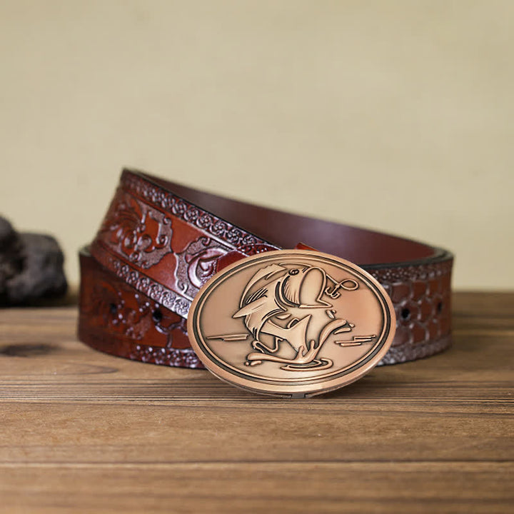 Men's DIY Gone Fishing Creative Beer Holder Buckle Leather Belt - Antique Copper - Brown Carved Belt - 42 - image 24