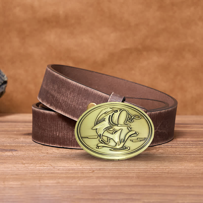 Men's DIY Gone Fishing Creative Beer Holder Buckle Leather Belt - Antique Bronze - Brown Distressed Belt - 42 - image 17