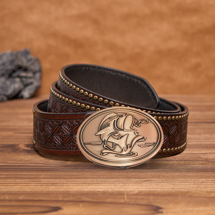 Men's DIY Gone Fishing Creative Beer Holder Buckle Leather Belt - Antique Copper - Brown Rivet Belt - 42 - image 22