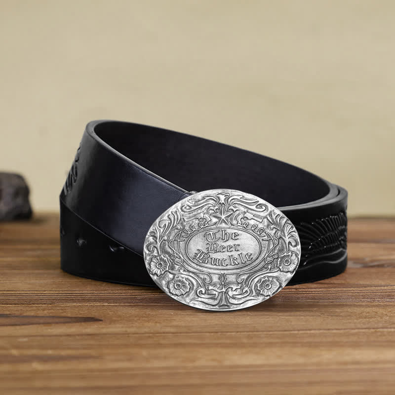 Men's DIY Engrave Flower Creative Beer Holder Buckle Leather Belt - Antique Silver - Black Embossed Eagle Belt - 42 - image 8