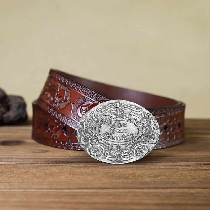 Men's DIY Engrave Flower Creative Beer Holder Buckle Leather Belt - Antique Silver - Brown Carved Belt - 42 - image 12