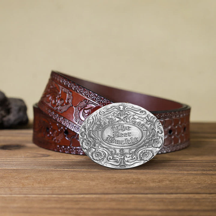Men's DIY Engrave Flower Creative Beer Holder Buckle Leather Belt - Antique Silver - Brown Carved Belt - 42 - image 12