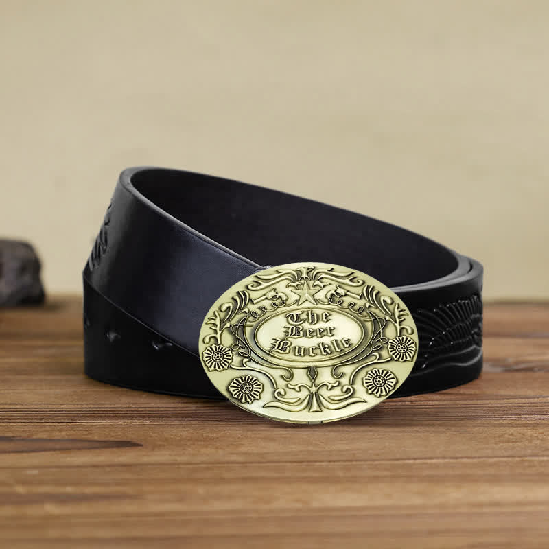 Men's DIY Engrave Flower Creative Beer Holder Buckle Leather Belt - Antique Bronze - Black Embossed Eagle Belt - 42 - image 14