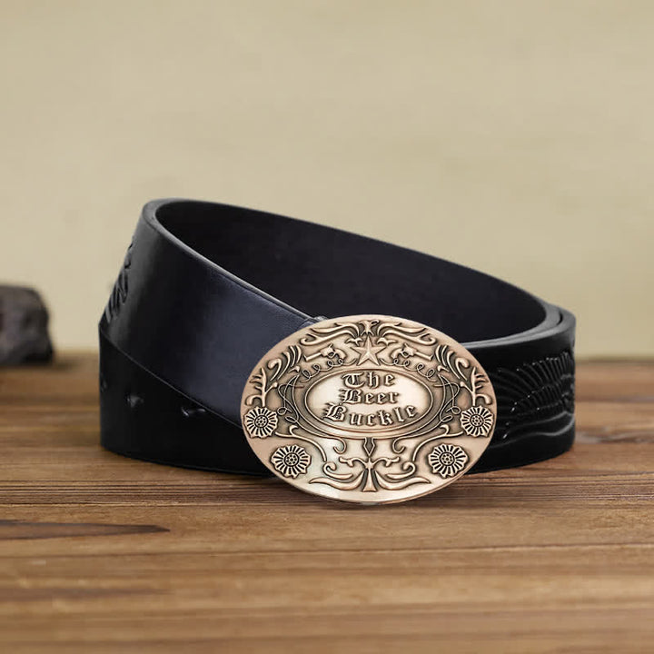 Men's DIY Engrave Flower Creative Beer Holder Buckle Leather Belt - Antique Copper - Black Embossed Eagle Belt - 42 - image 20