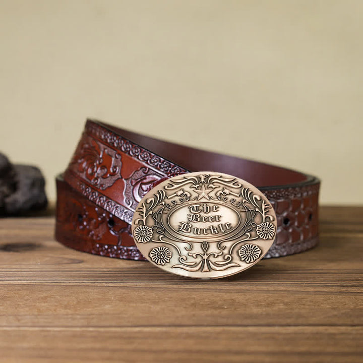 Men's DIY Engrave Flower Creative Beer Holder Buckle Leather Belt - Antique Copper - Brown Carved Belt - 42 - image 24