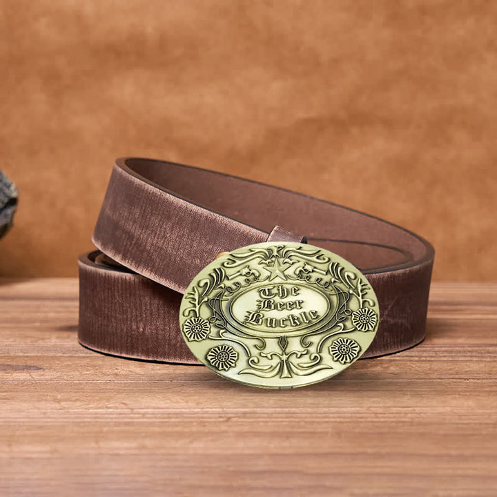 Men's DIY Engrave Flower Creative Beer Holder Buckle Leather Belt - Antique Bronze - Brown Distressed Belt - 42 - image 17