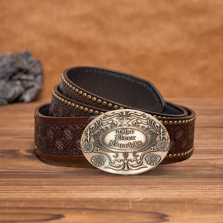 Men's DIY Engrave Flower Creative Beer Holder Buckle Leather Belt - Antique Copper - Brown Rivet Belt - 42 - image 22