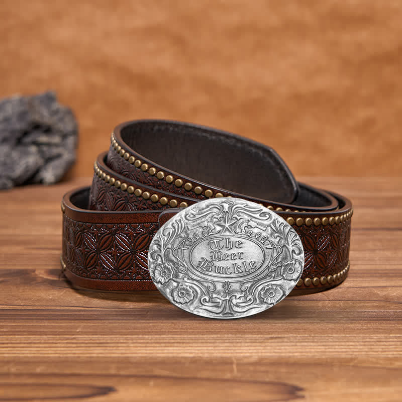 Men's DIY Engrave Flower Creative Beer Holder Buckle Leather Belt - Antique Silver - Brown Rivet Belt - 42 - image 10