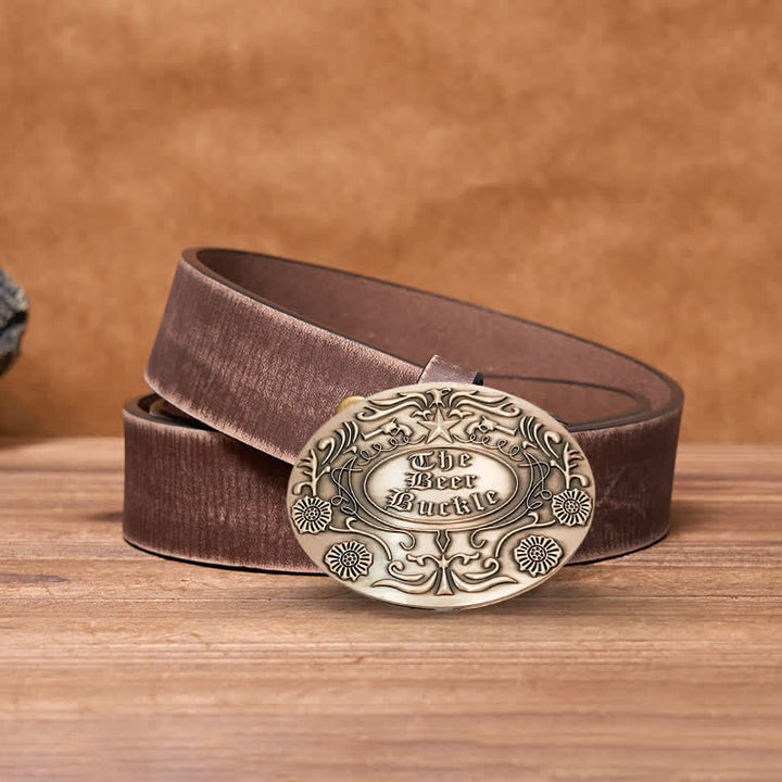 Men's DIY Engrave Flower Creative Beer Holder Buckle Leather Belt - Antique Copper - Brown Distressed Belt - 42 - image 23