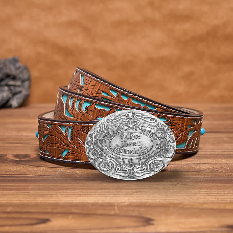Men's DIY Engrave Flower Creative Beer Holder Buckle Leather Belt - Antique Silver - Turquoise Carved Belt - 42 - image 9