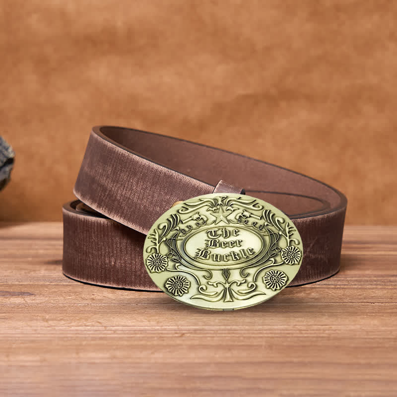 Men's DIY Engrave Flower Creative Beer Holder Buckle Leather Belt - Antique Bronze - Brown Distressed Belt - 42 - image 17