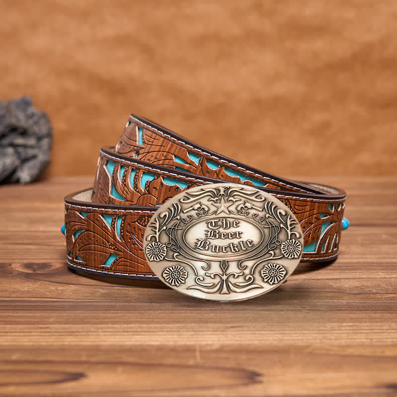 Men's DIY Engrave Flower Creative Beer Holder Buckle Leather Belt - Antique Copper - Turquoise Carved Belt - 42 - image 21