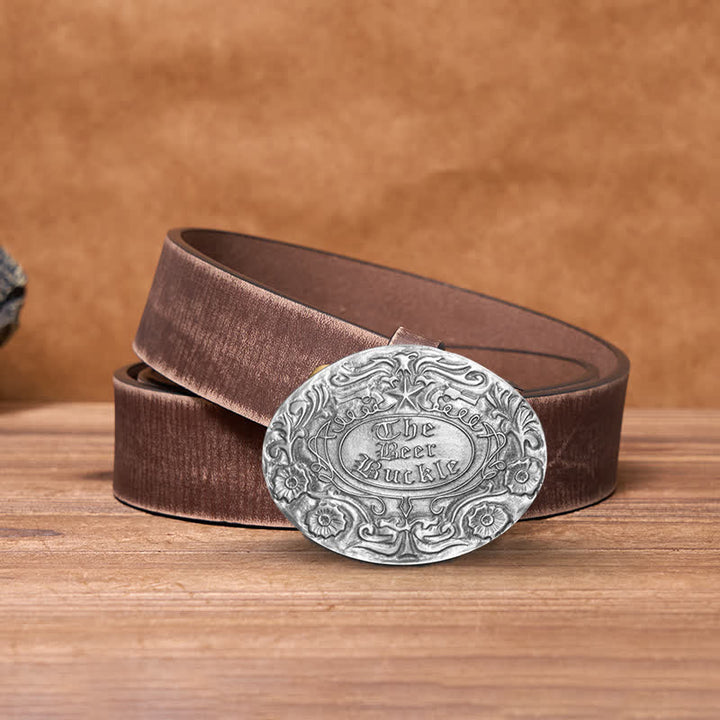 Men's DIY Engrave Flower Creative Beer Holder Buckle Leather Belt - Antique Silver - Brown Distressed Belt - 42 - image 11