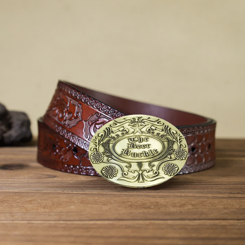 Men's DIY Engrave Flower Creative Beer Holder Buckle Leather Belt - Antique Bronze - Brown Carved Belt - 42 - image 18