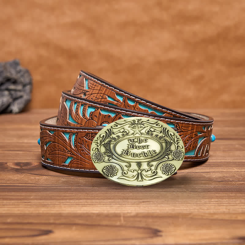 Men's DIY Engrave Flower Creative Beer Holder Buckle Leather Belt - Antique Bronze - Turquoise Carved Belt - 42 - image 15