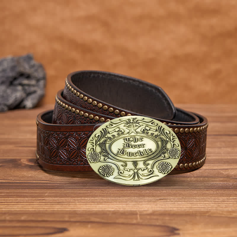 Men's DIY Engrave Flower Creative Beer Holder Buckle Leather Belt - Antique Bronze - Brown Rivet Belt - 42 - image 16