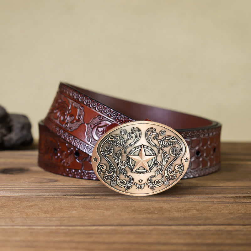 Men's DIY Western Star Creative Beer Holder Buckle Leather Belt - Antique Copper - Brown Carved Belt - 42 - image 24