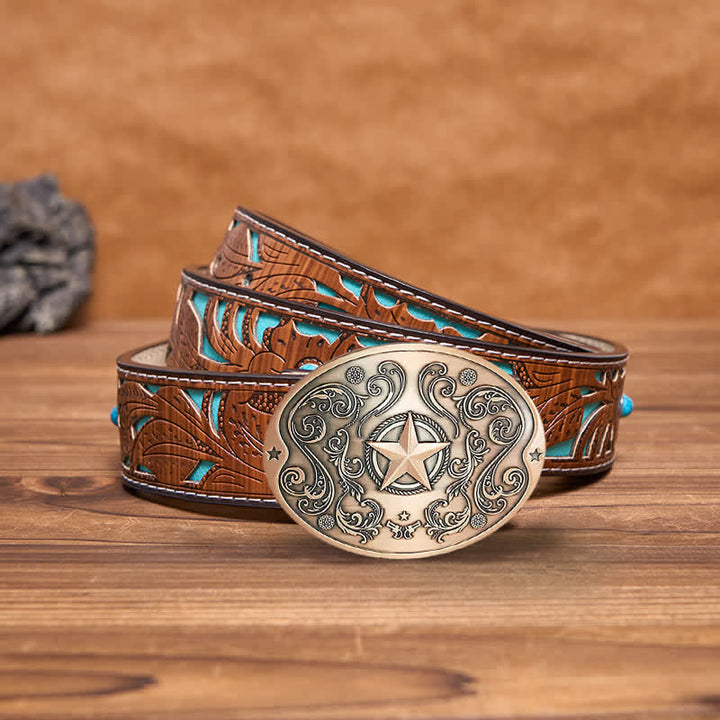 Men's DIY Western Star Creative Beer Holder Buckle Leather Belt - Antique Copper - Turquoise Carved Belt - 42 - image 21