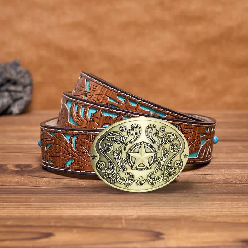 Men's DIY Western Star Creative Beer Holder Buckle Leather Belt - Antique Bronze - Turquoise Carved Belt - 42 - image 15