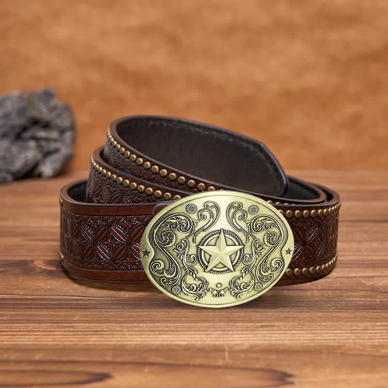 Men's DIY Western Star Creative Beer Holder Buckle Leather Belt - Antique Bronze - Brown Rivet Belt - 42 - image 16