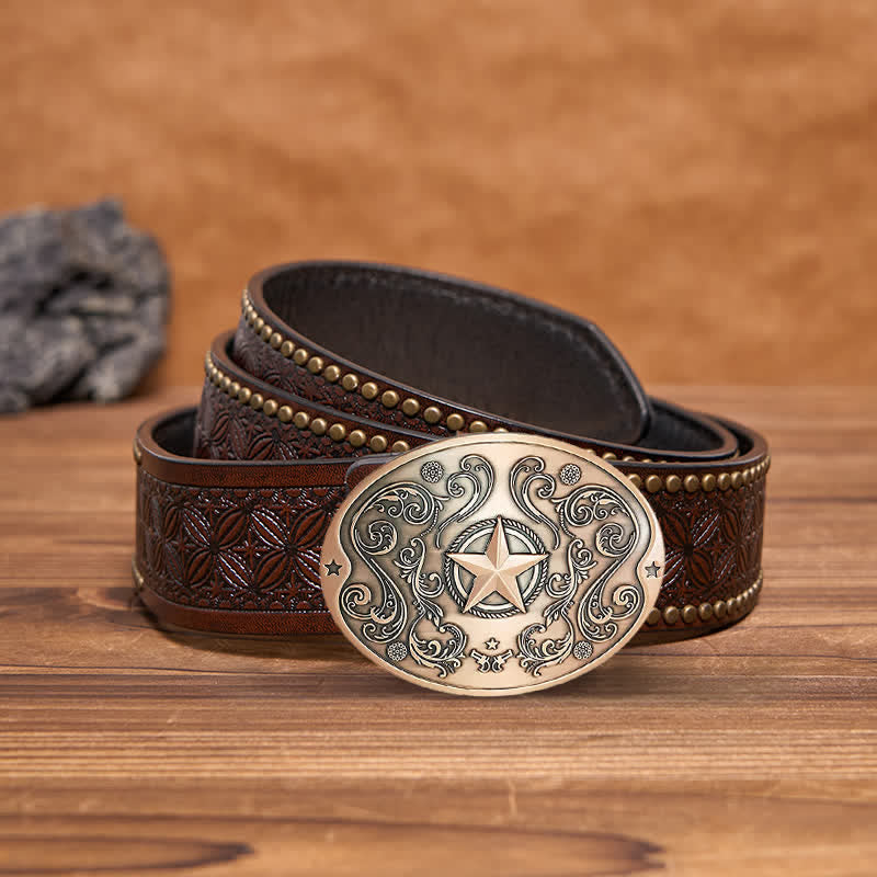 Men's DIY Western Star Creative Beer Holder Buckle Leather Belt - Antique Copper - Brown Rivet Belt - 42 - image 22