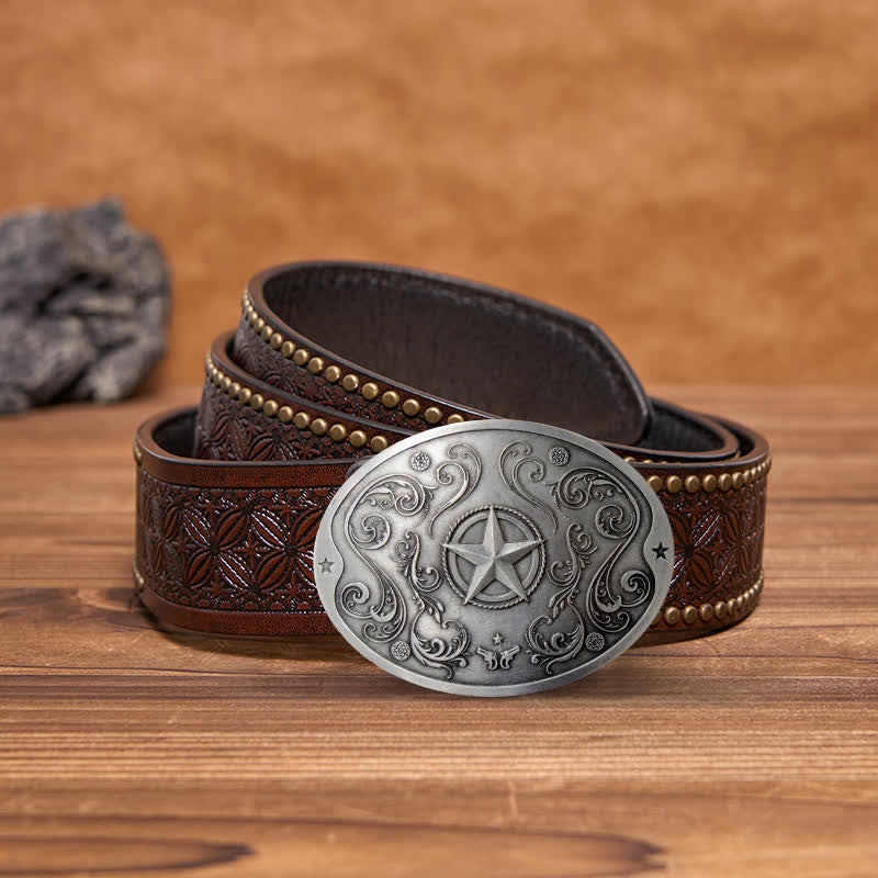 Men's DIY Western Star Creative Beer Holder Buckle Leather Belt - Antique Silver - Brown Rivet Belt - 42 - image 10