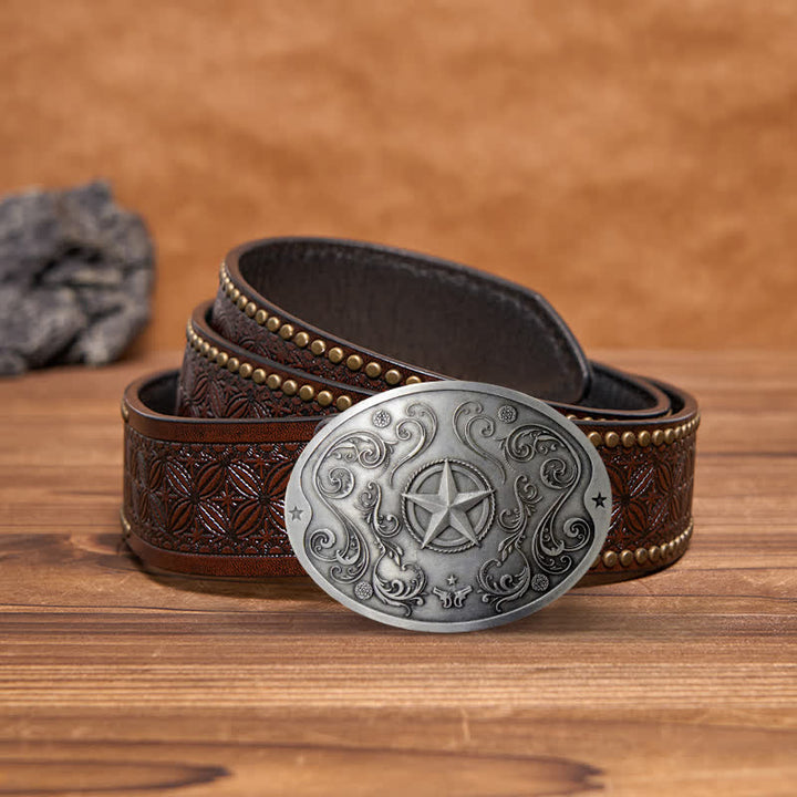 Men's DIY Western Star Creative Beer Holder Buckle Leather Belt - Antique Silver - Brown Rivet Belt - 42 - image 10