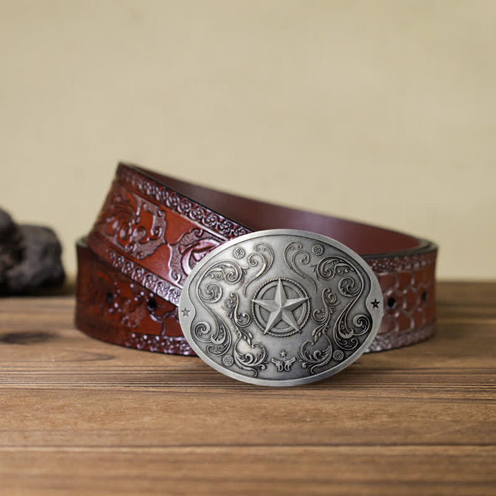 Men's DIY Western Star Creative Beer Holder Buckle Leather Belt - Antique Silver - Brown Carved Belt - 42 - image 12